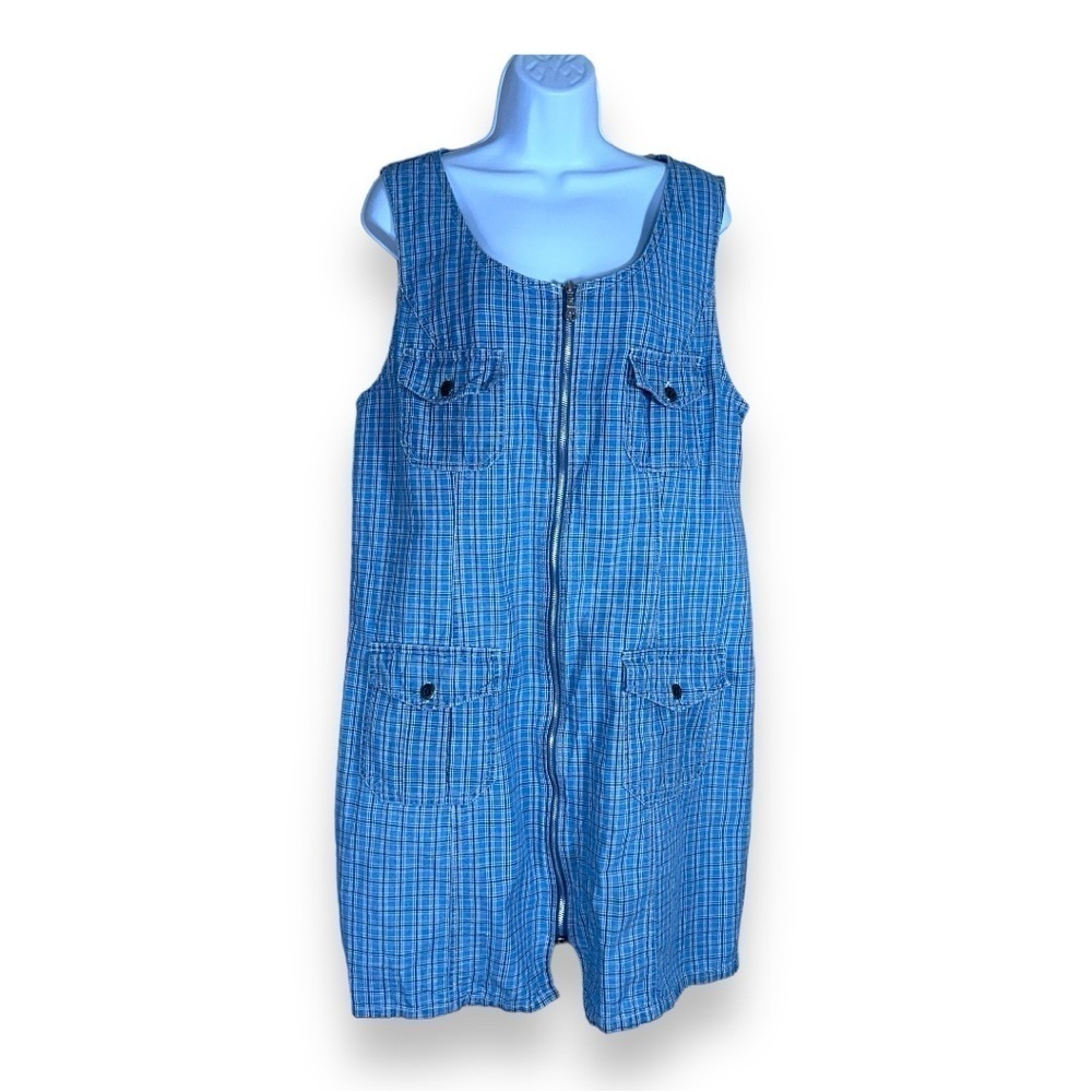LARGE VINTAGE DPS NEW YORK BLUE PLAID COTTON DRESS SLEEVELESS COTTAGECORE PREPPY